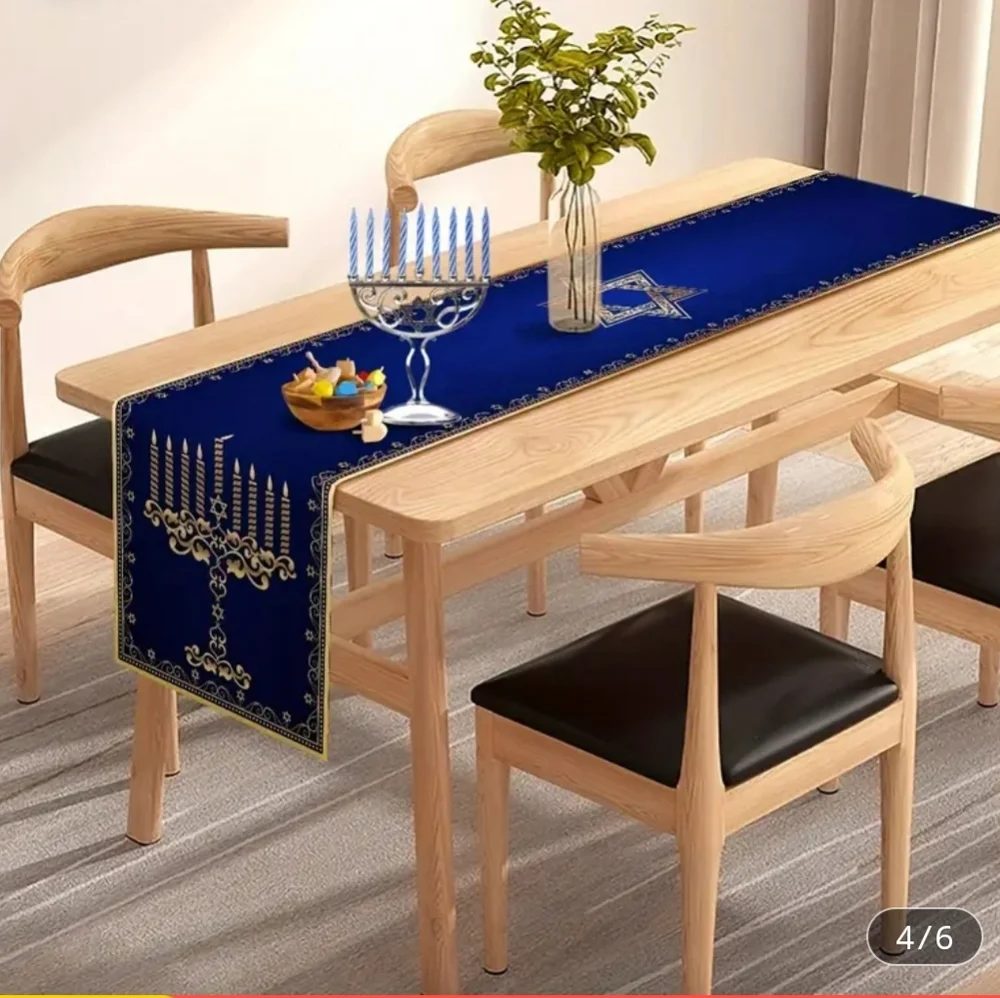 Blue and Gold Hanukkah Table Runner with Star and Menorah Design